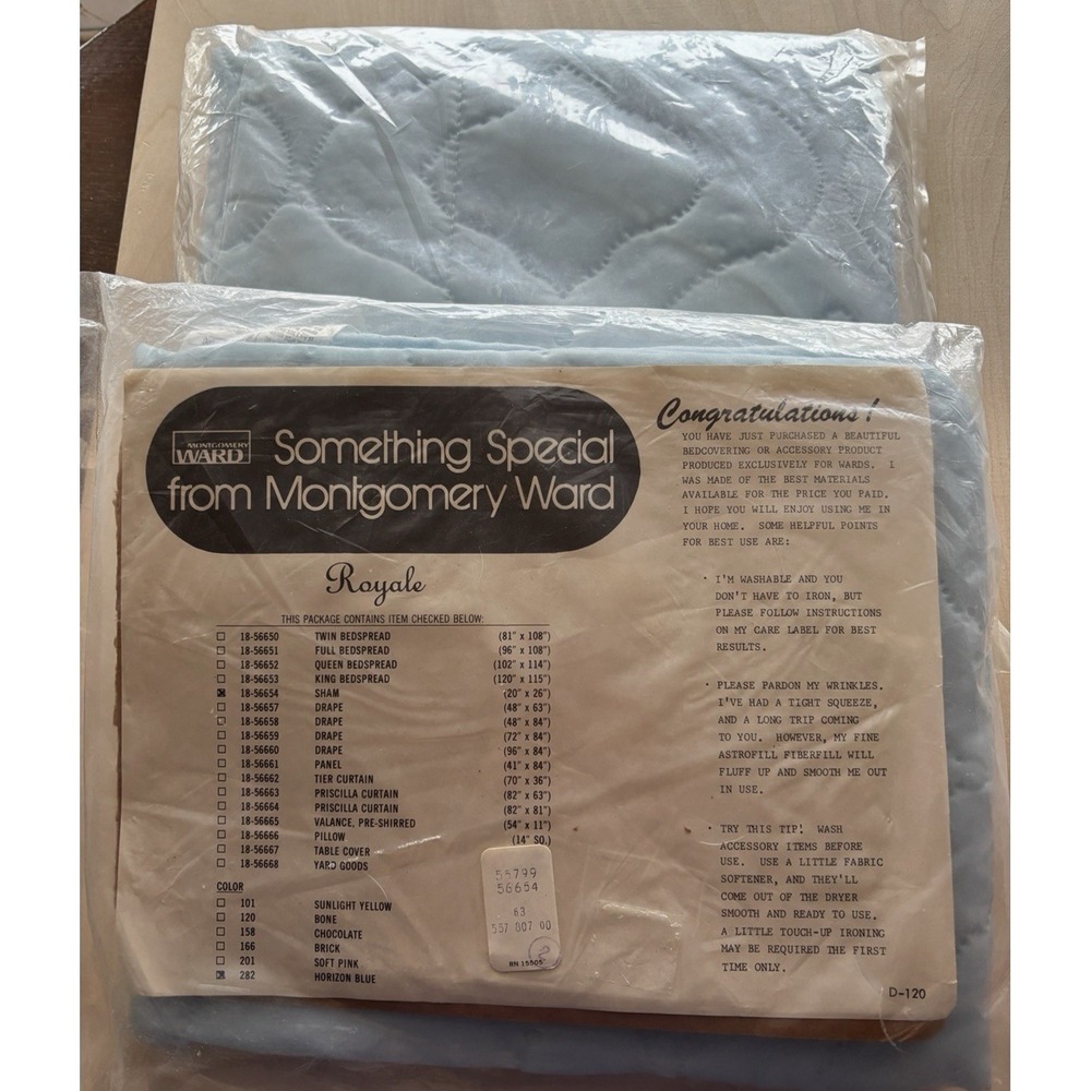 Vtg 1980s Montgomery Ward Quilted Pillow Sham LOT of 2 NIP Horizon Blue 20 x 26